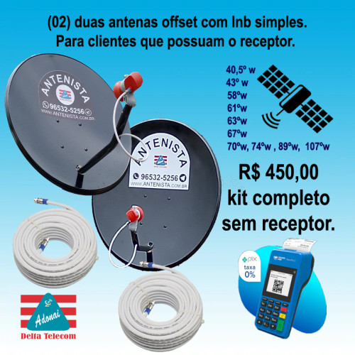 02 (duas) Antenas off-set com lnb simples instaladas.